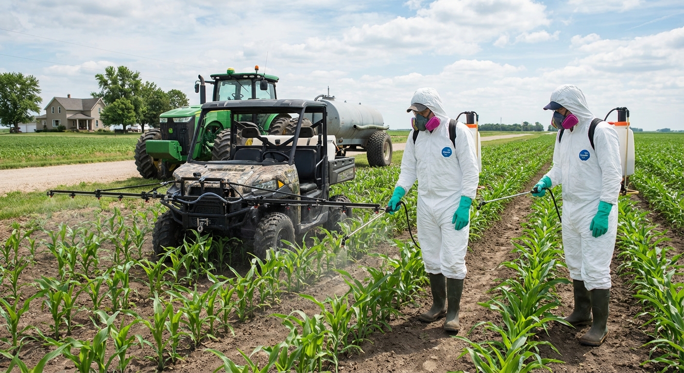 Agricultural workers applying herbicide in farm fields