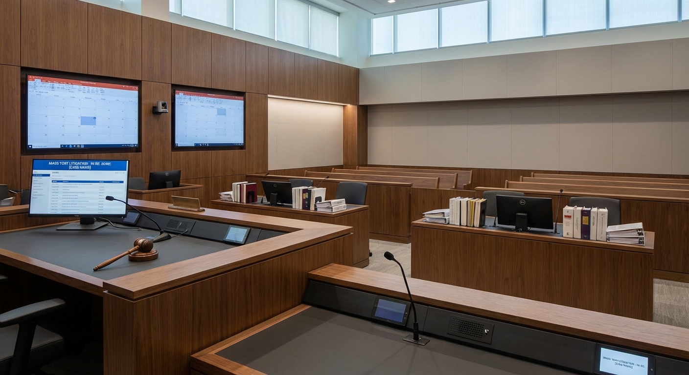 Courtroom scene showing legal proceedings