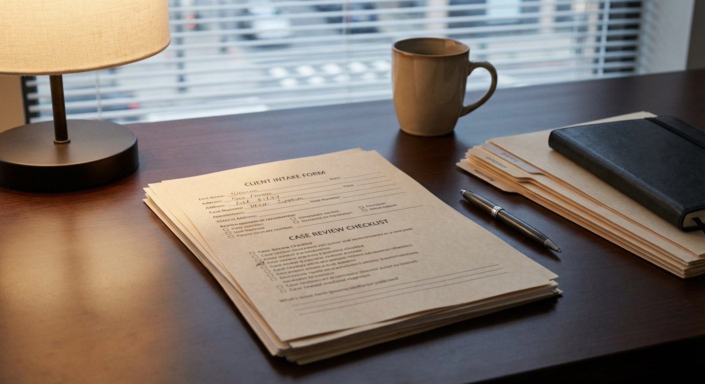 Professional office desk with intake questionnaire or case review form