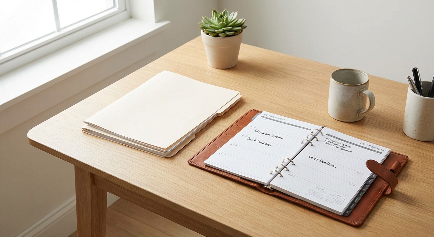 Desk with documents and papers for litigation update