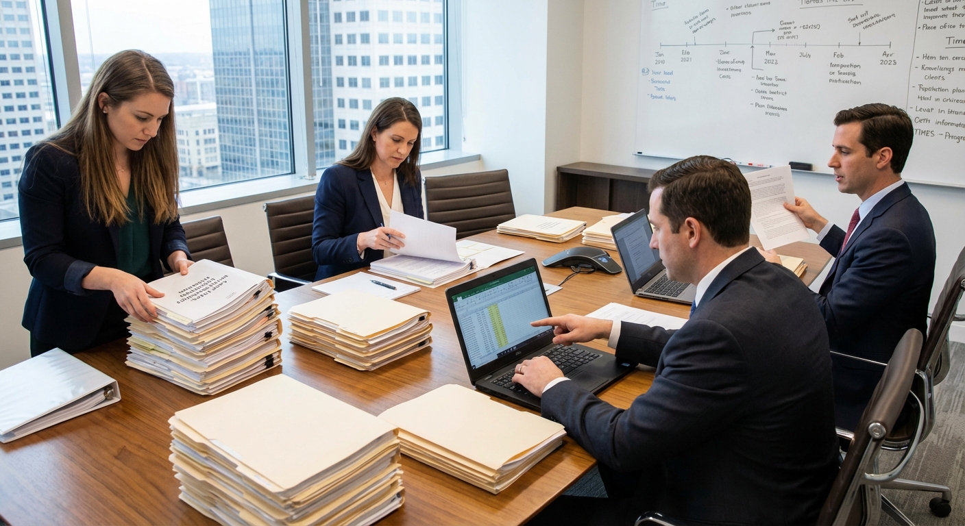Legal team reviewing documents and evidence