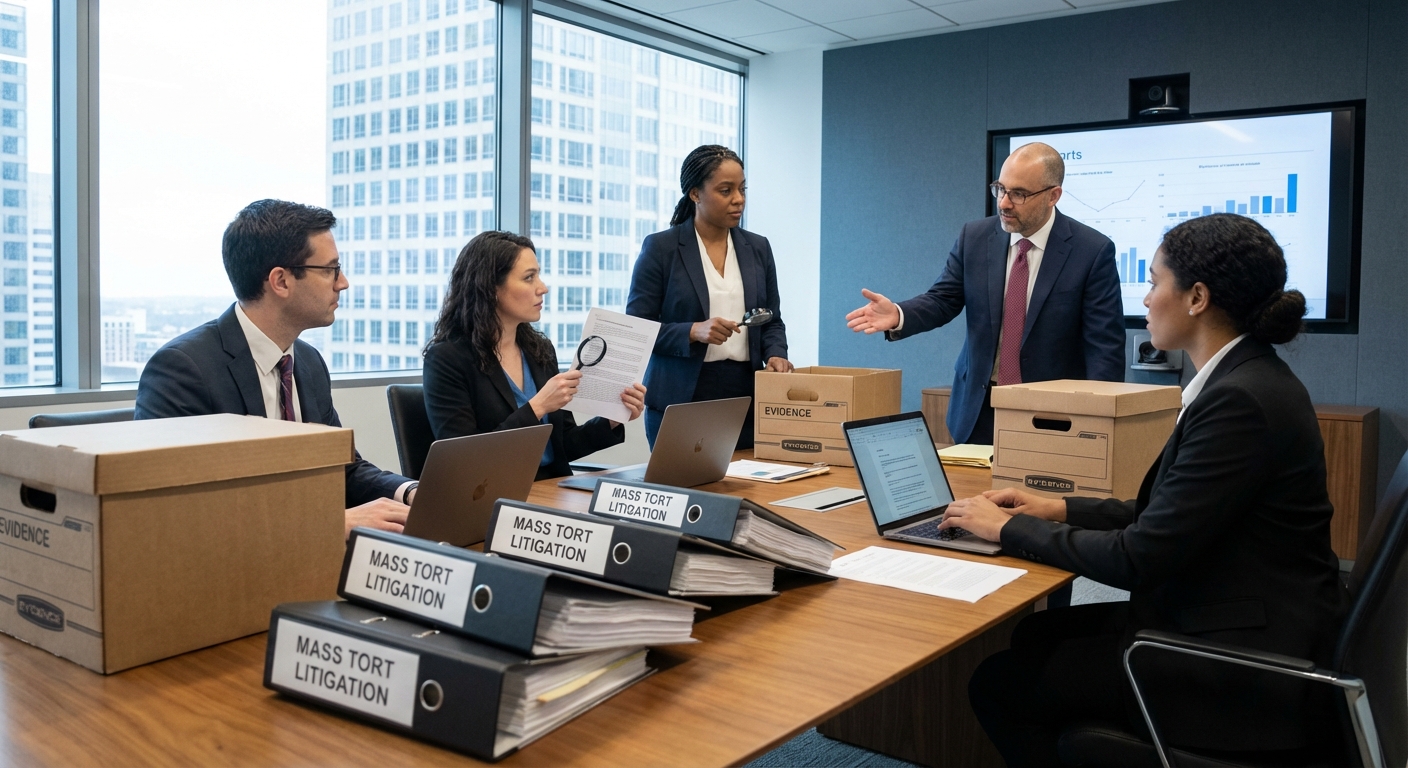 Legal team reviewing documents and evidence