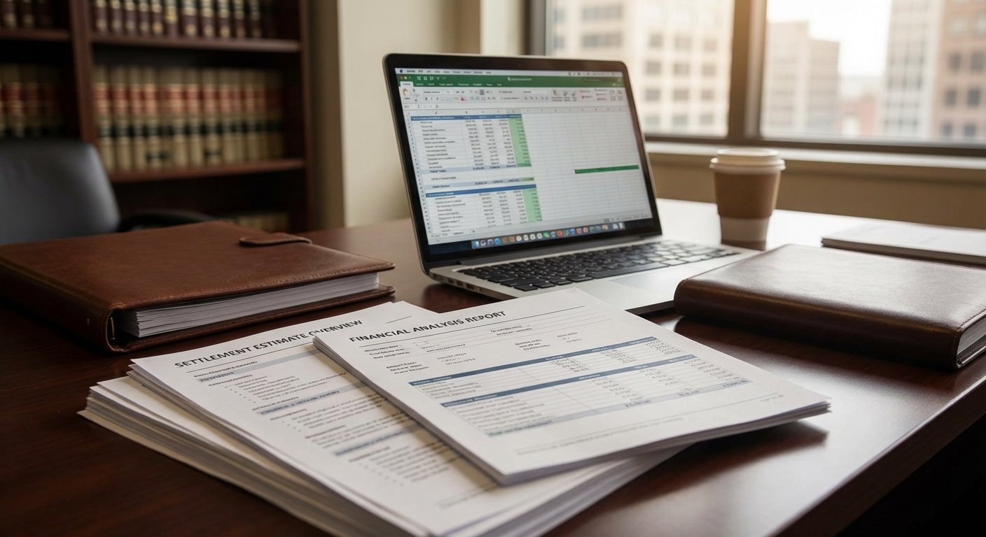 Professional legal office with settlement estimate documentation visible