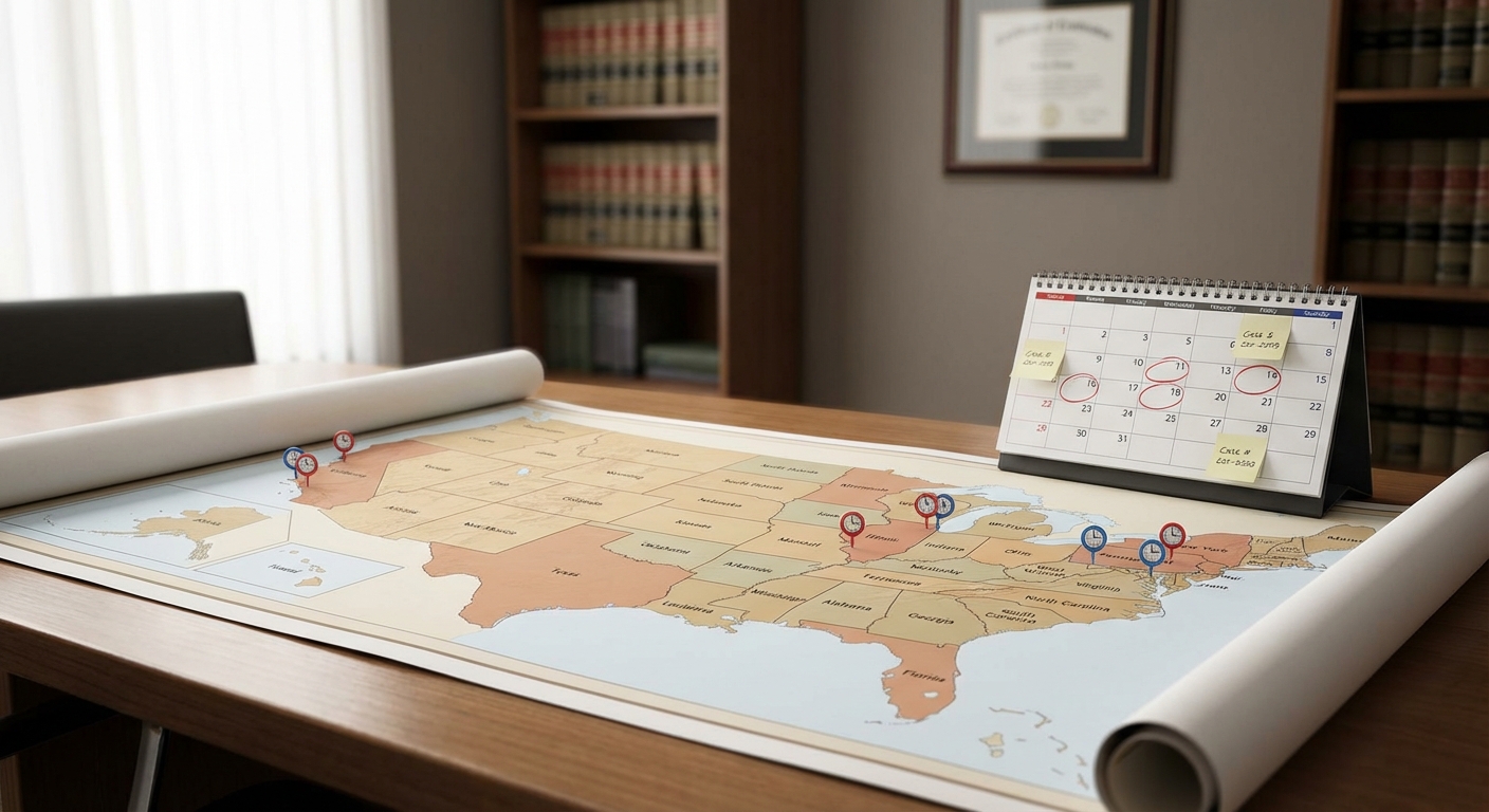 Map of the United States with state-specific legal deadline markers visible
