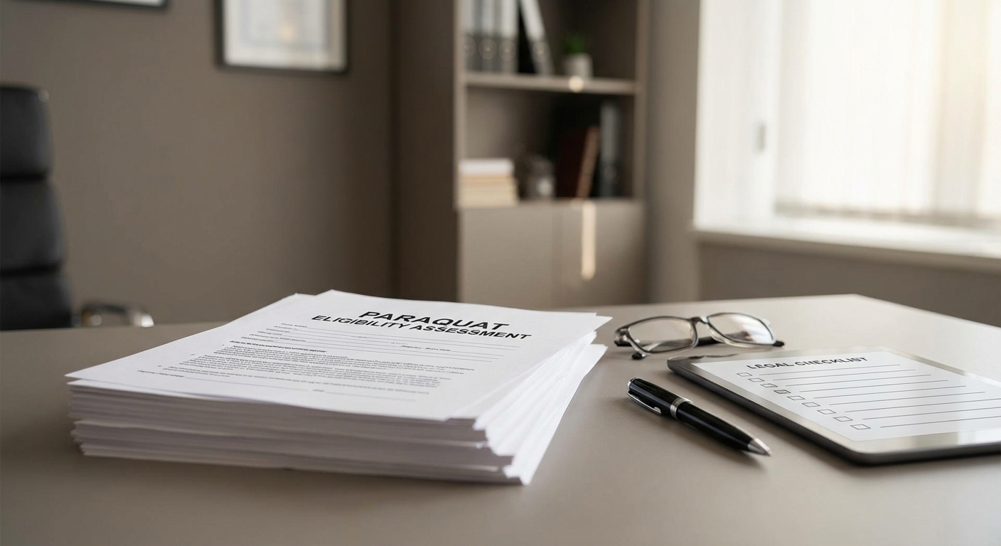 Professional office with eligibility assessment document for Paraquat cases